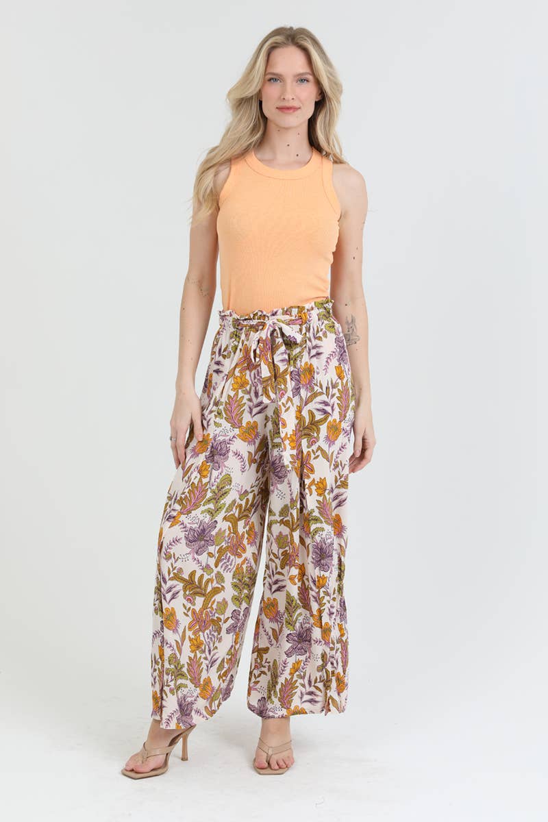25P63-FQ19 PRINTED WIDE LEG SLIT FRONT PANTS