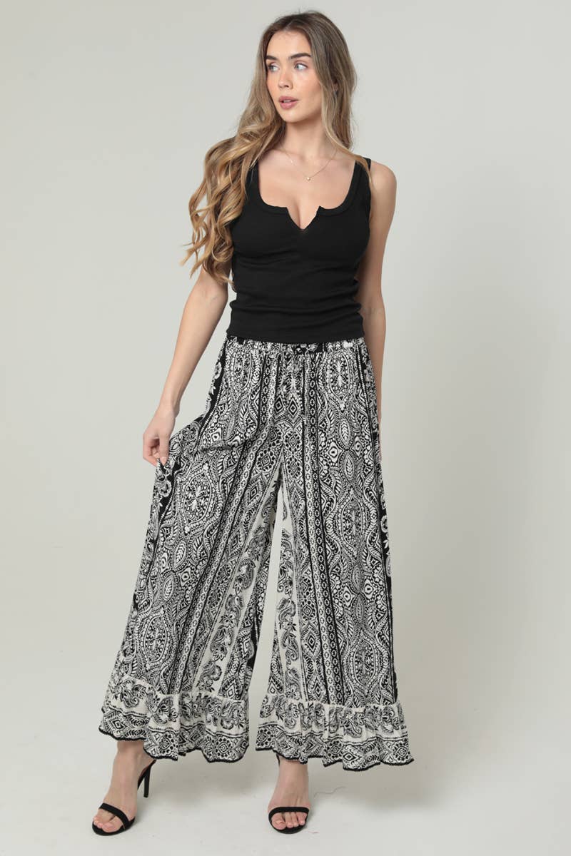 B3717-A938 PRINTED WIDE LEG PANTS ELASTIC DRAWSTRING WAIS