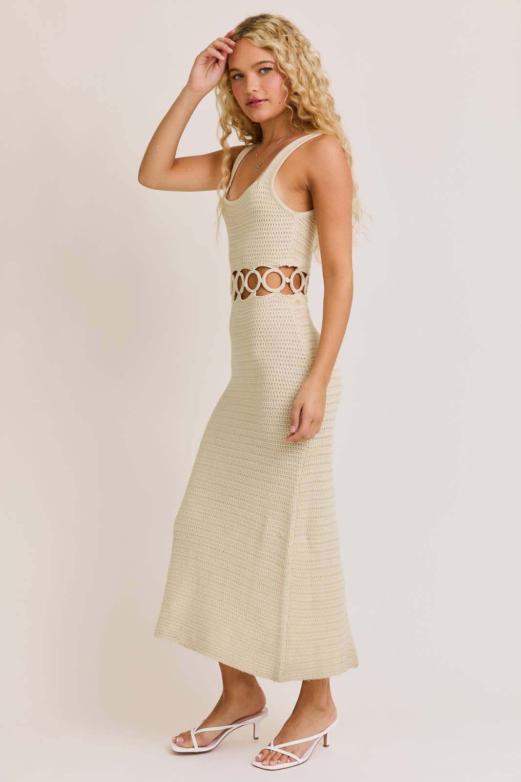 SQUARE NECK SLEEVELESS CROCHET MIDI DRESS: CREAM / MWD6871