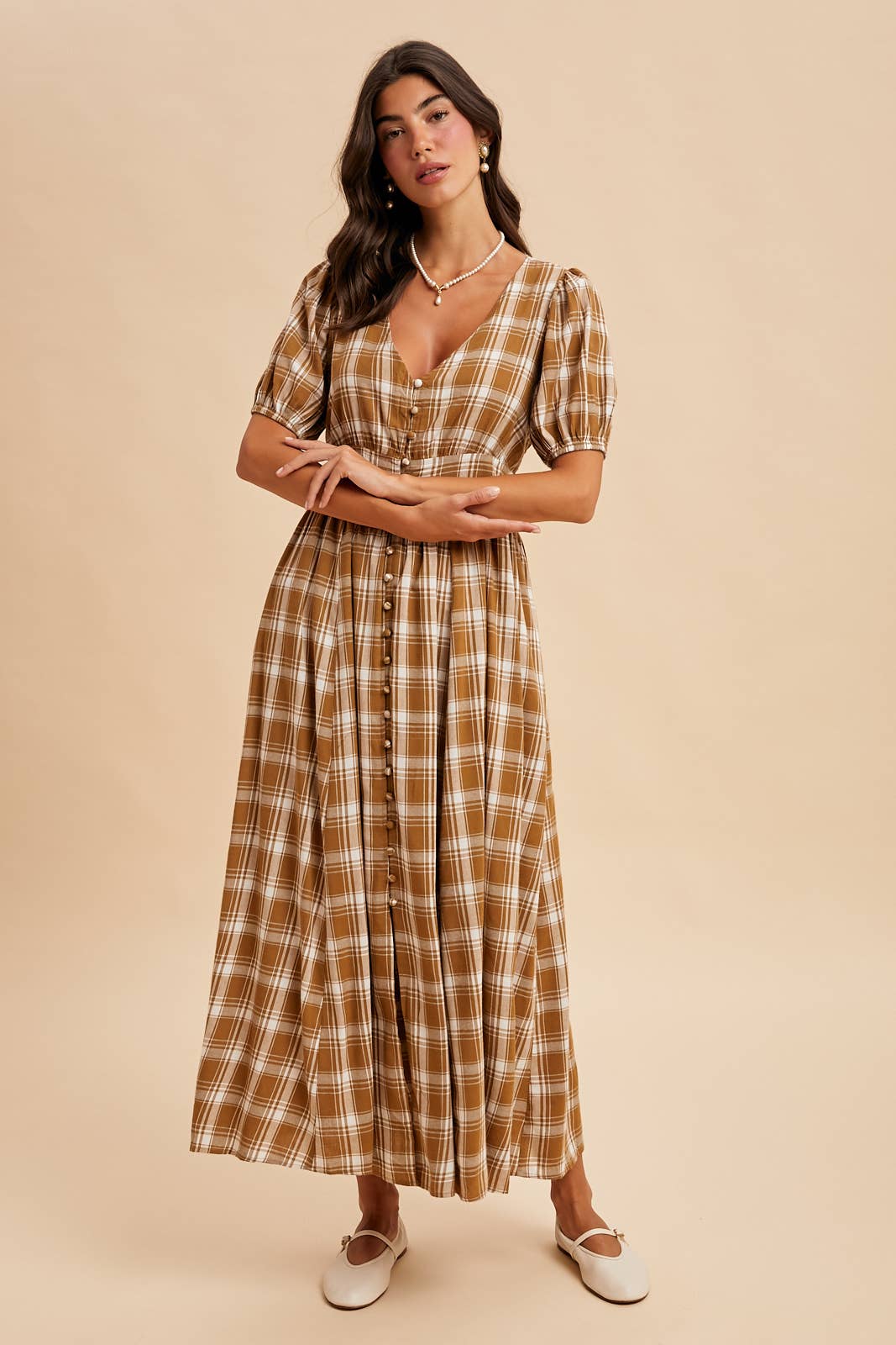 PLAID BUTTON DOWN MAXI DRESS: CHESTNUT / ILD6400