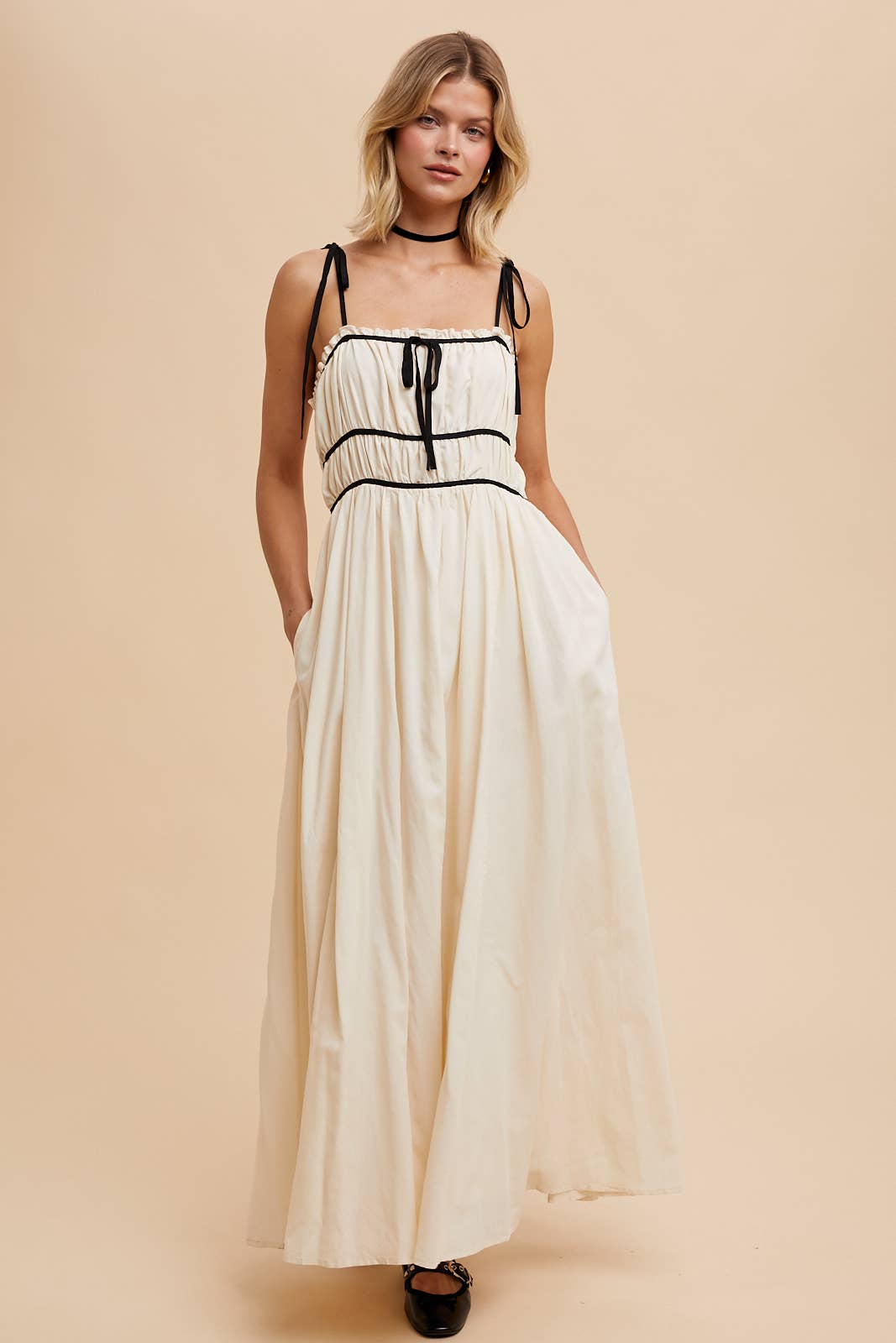 COTTON BLEND CONTRAST TRIM MAXI DRESS: EUCALYPTUS / ILD5742