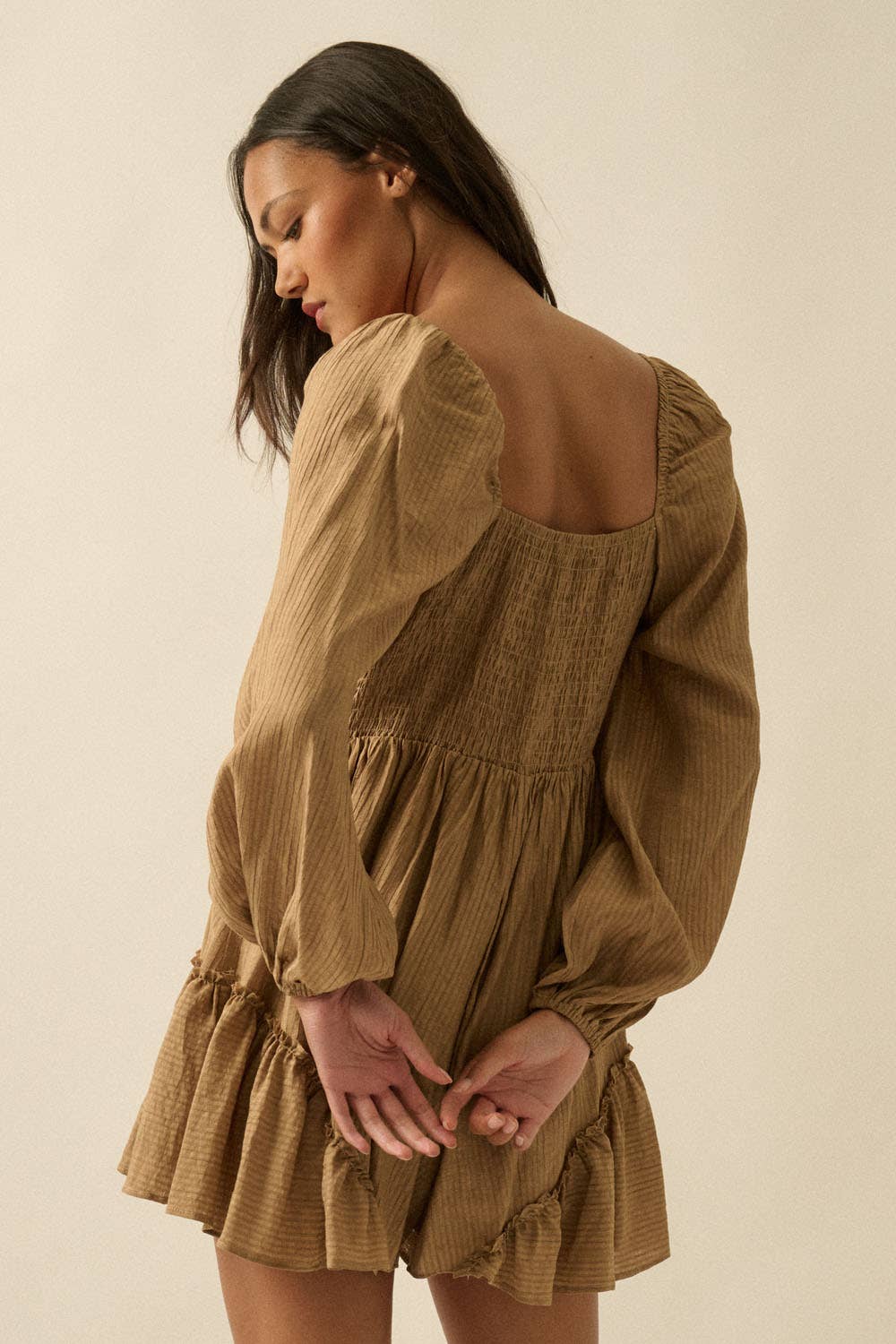 Tonal-Stripe Ruffled Tie-Front Peasant Romper: OATMEAL / NPC2301