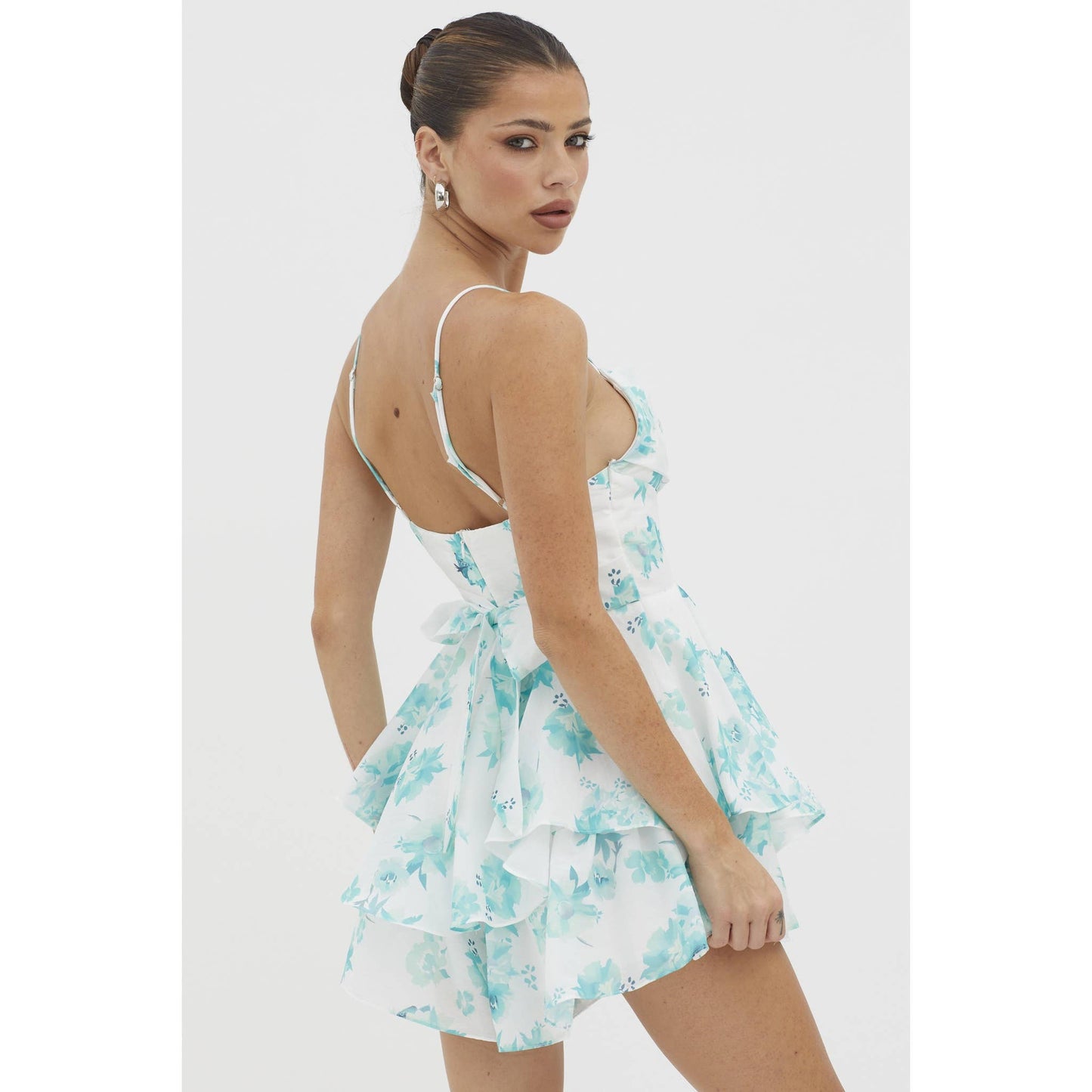 FLORAL PRINT COWL NECK TIERED SKIRT MINI DRESS: BLUE / 27595DM63-3