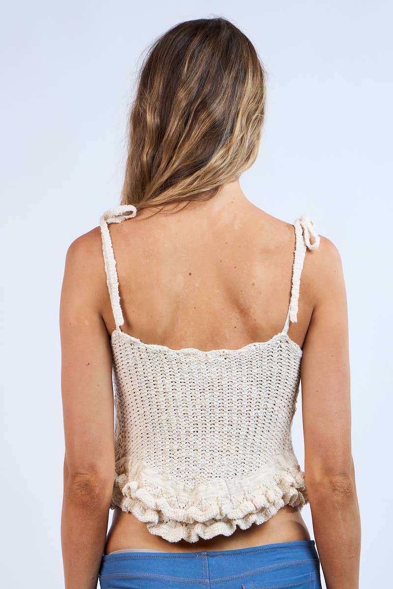 OFF-WHITE TIE STRAP KNIT LAYERED RUFFLE CROP TOP: Off-White / SM-SW70089A