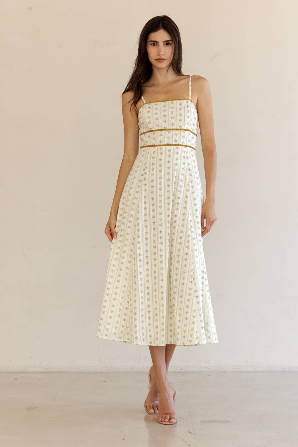 JD7723-FLORAL STRIPED MIDI DRESS: CREAM/YELLOW FLORAL