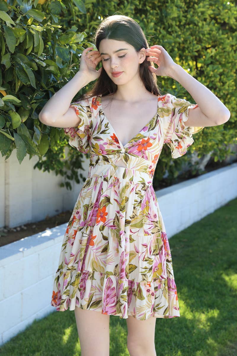 C4495-A878 V NECK TWIST FRONT CUT OUT DRESS: AQUA