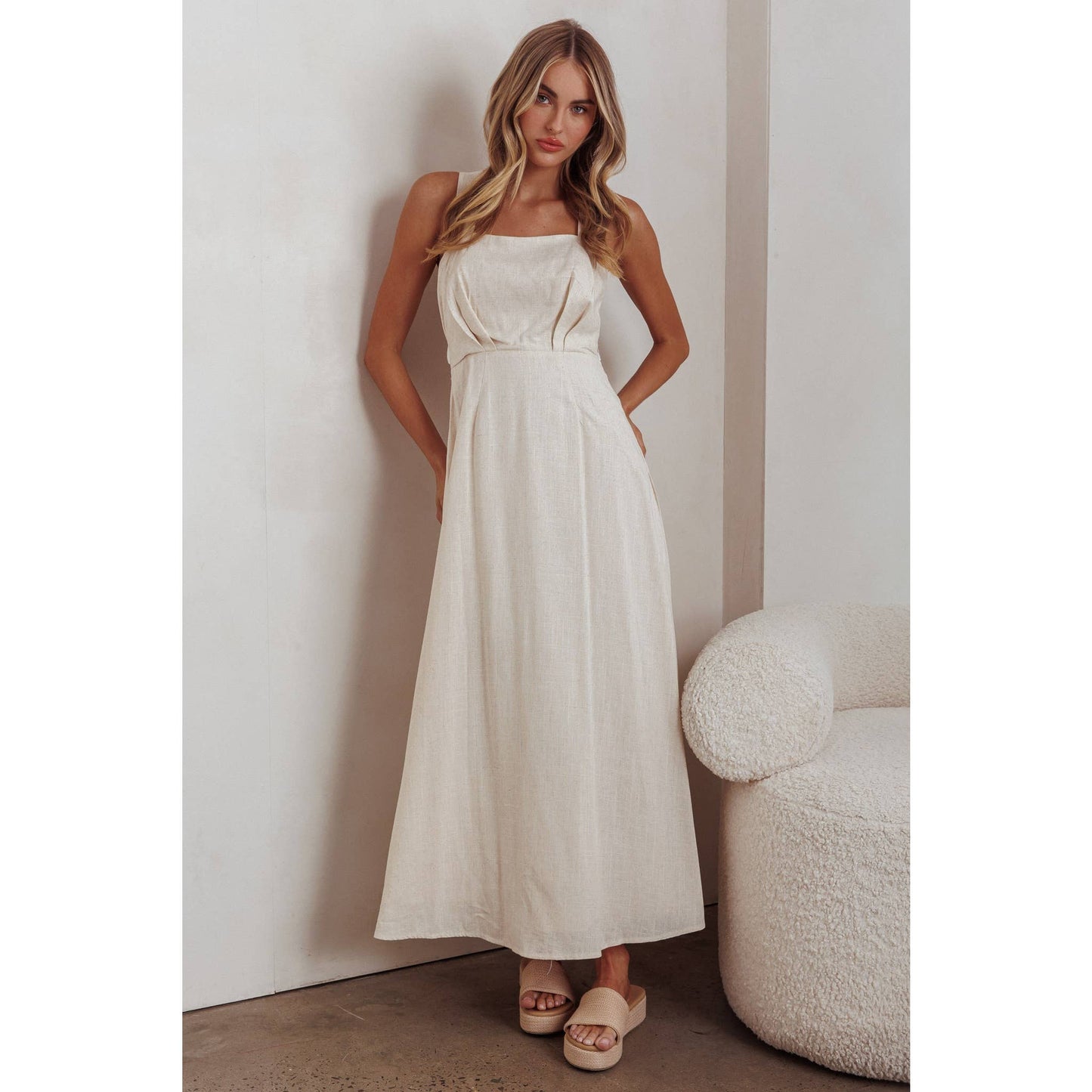 SQUARE NECK MAXI DRESS: OAT/WHITE / SR1465J