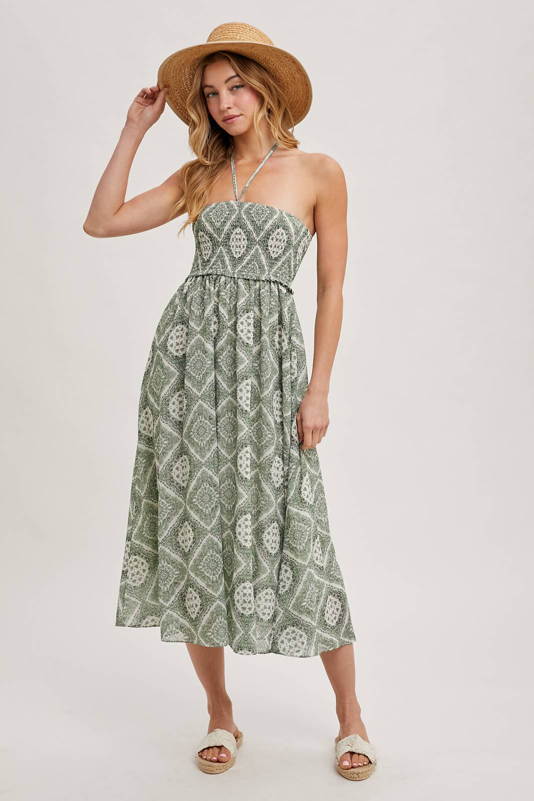 GEO PRINT SMOCKED HALTER DRESS: Green D02355