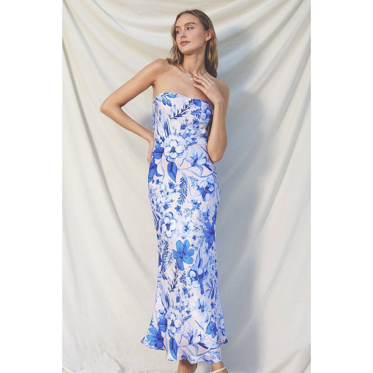FD11771-P1614 Luminous Strapless Bias Cut Maxi Dress: BLUE IVY