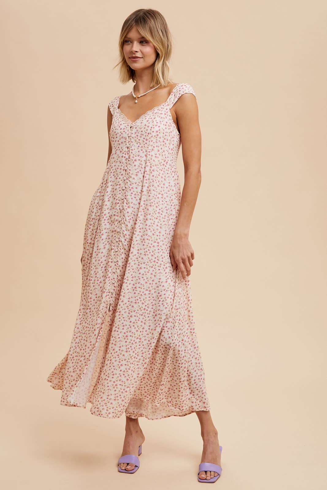 VISCOSE BUTTON DOWN FLORAL DRESS: LAVENDER / ILD5692