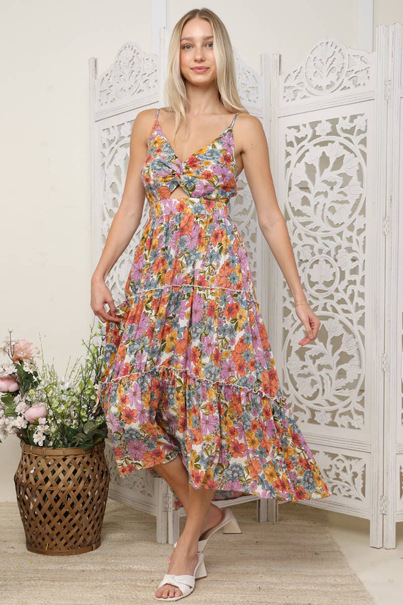 C4A91-A855 TWIST FRONT CUT OUT TIERED MAXI DRESS