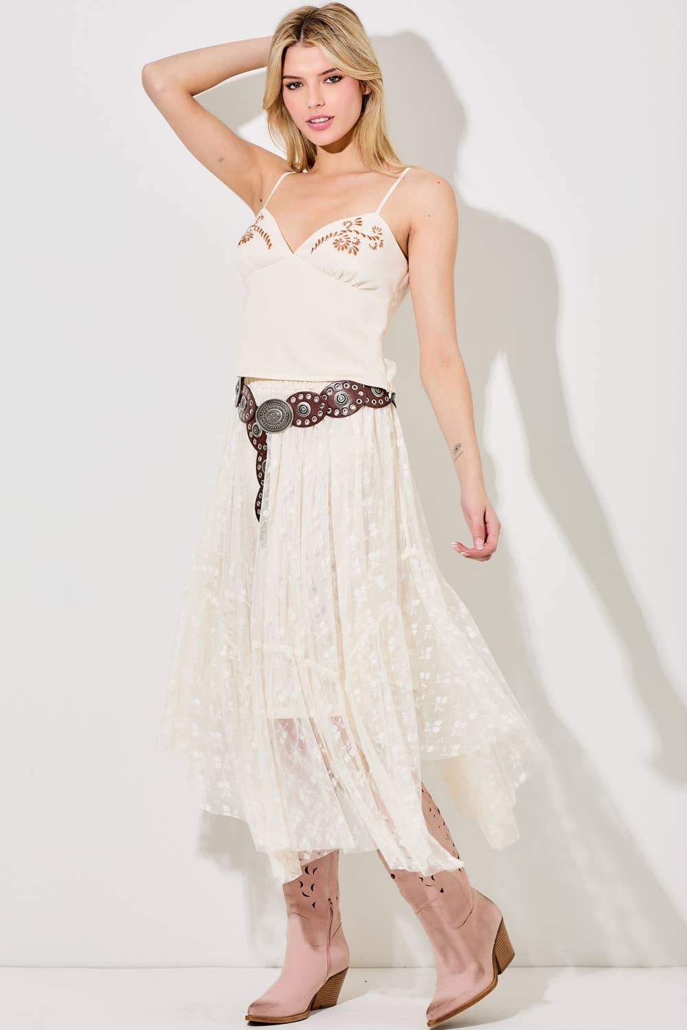 LACE MIDI SKIRT: CREAM / BK1357