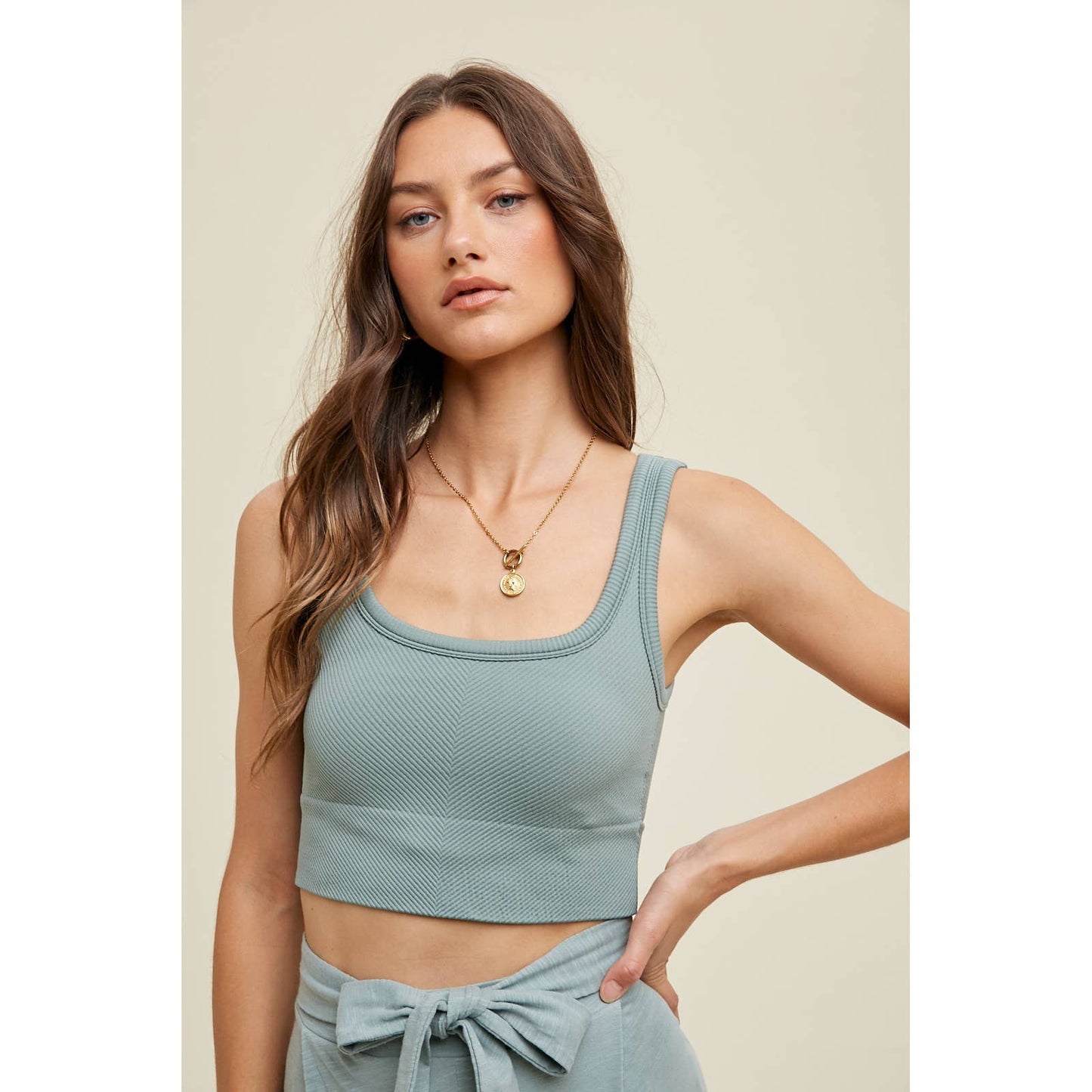 CHEVRON RIBBED SEAMLESS PADDED BRALETTE / WL23-8162: CHARCOAL
