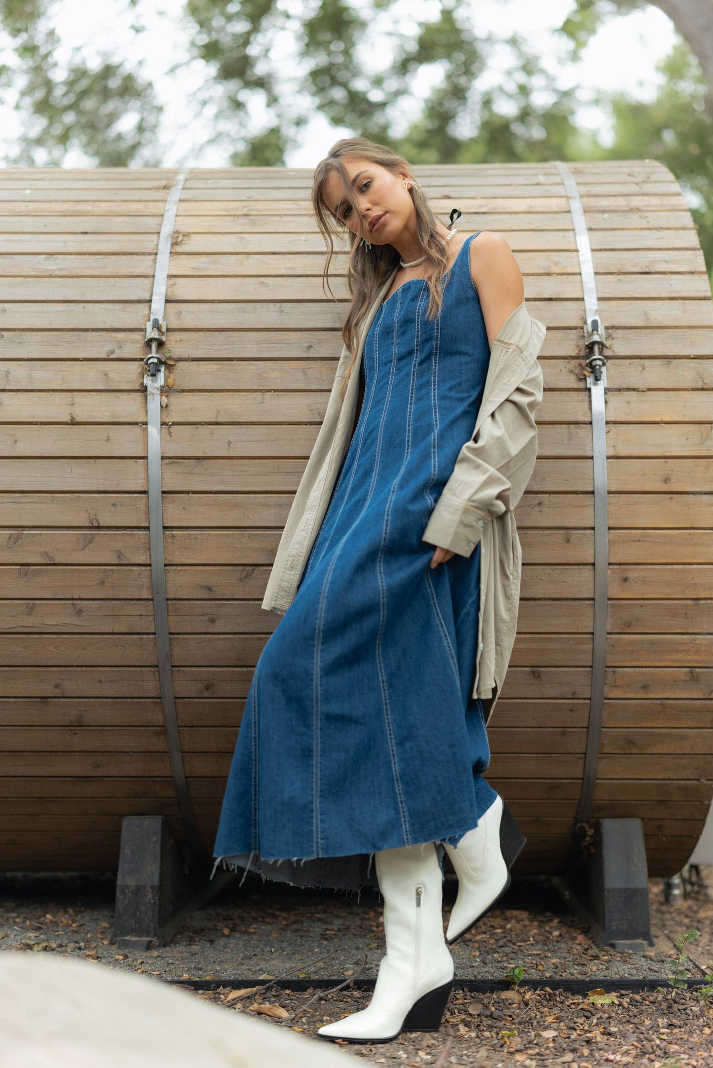 D3099 PANELED DENIM LONG DRESS: DENIM