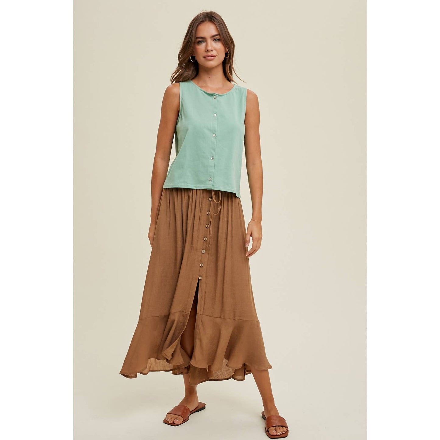 BUTTON-UP MIDI SKIRT WITH DRAWSTRING / WL23-7528: HAZELNUT