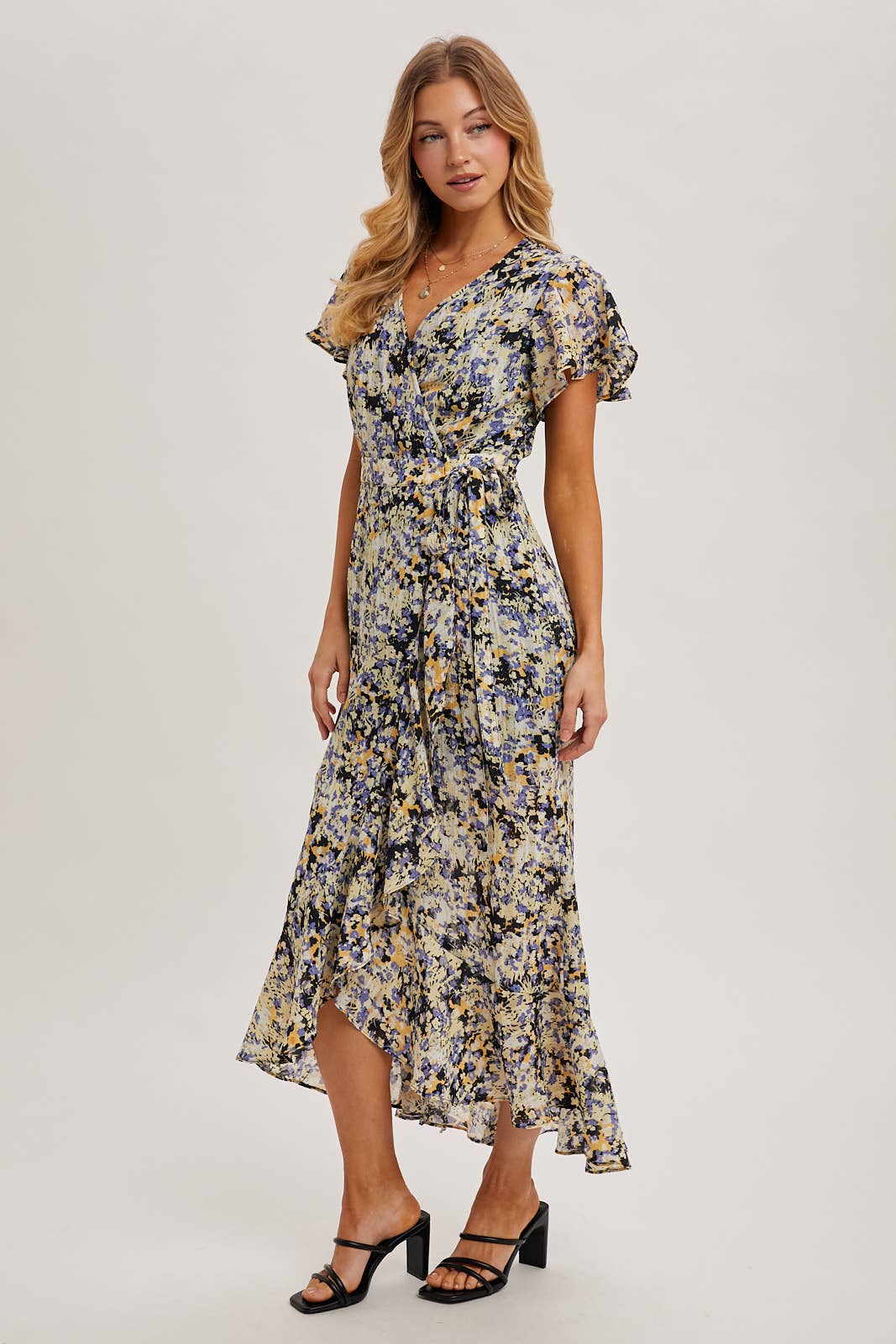 FLORAL PRINT WRAP RUFFLED MIDI DRESS: BLUE D02356