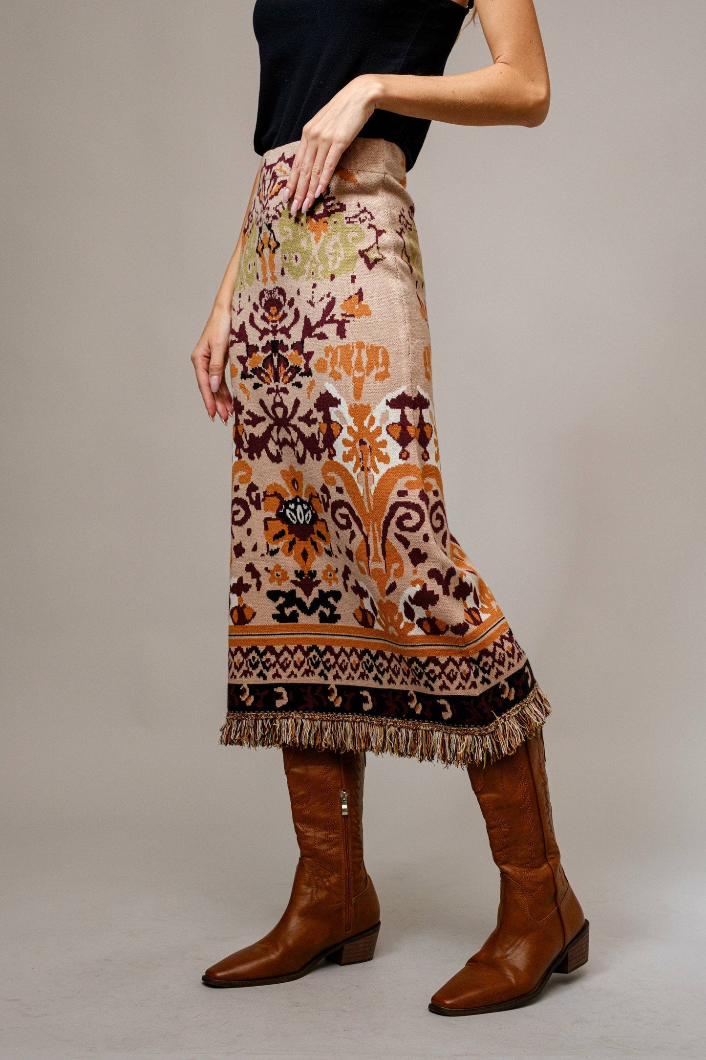 52084W - Ethnic Knit Fringe Midi Skirt: TAUPE / blueb