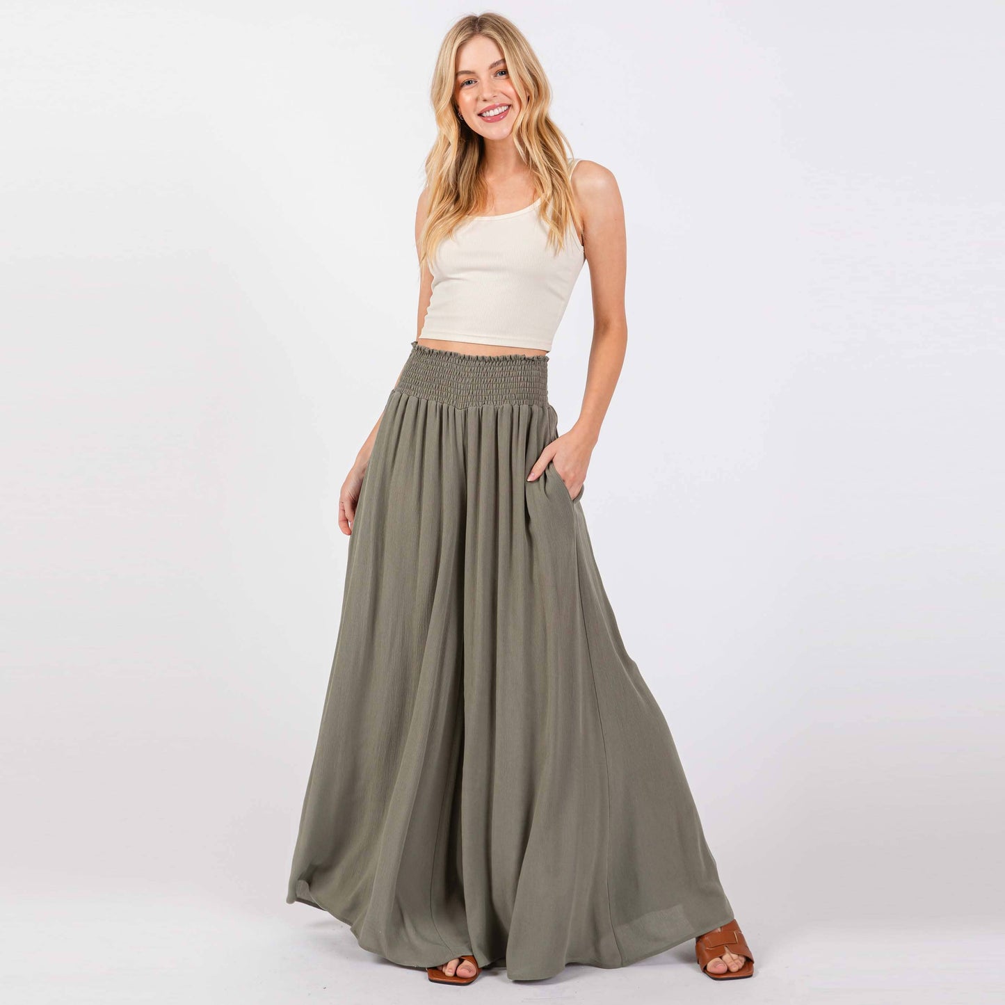 Smocked Waist Wide Leg Pants - NP16530Y: Military Green