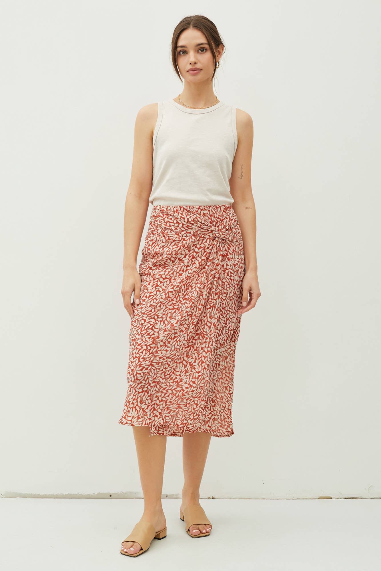 PRINT DRAPED SIDE KNOT MIDI SKIRT: Sea Green / 71106