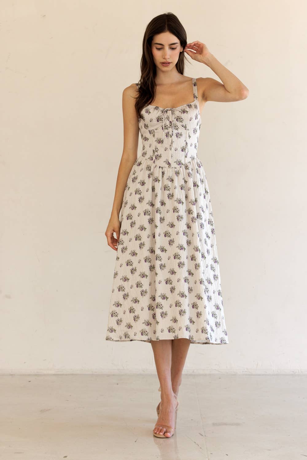 JD7715-FLORAL PRINT FIT-AND-FLARE MIDI DRESS