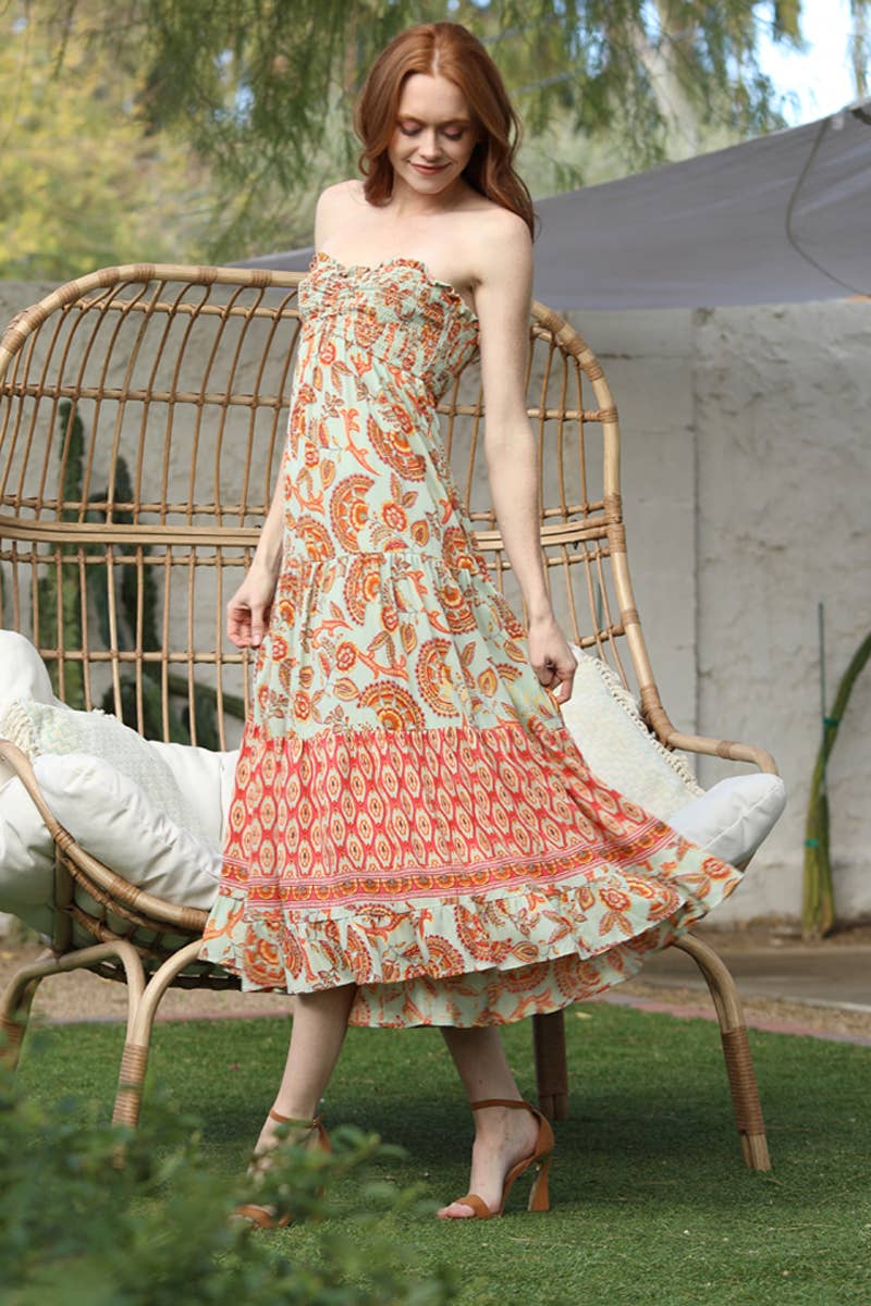 C4A90-A889 SMOCKED BUST STRAPLESS TIERED MAXI DRESS