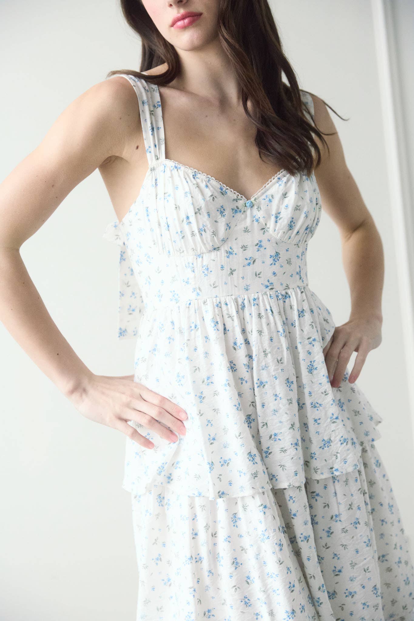 FLORAL SLEEVELESS CORSET RUFFLE TIERED MIDI DRESS: BLUE TB8824