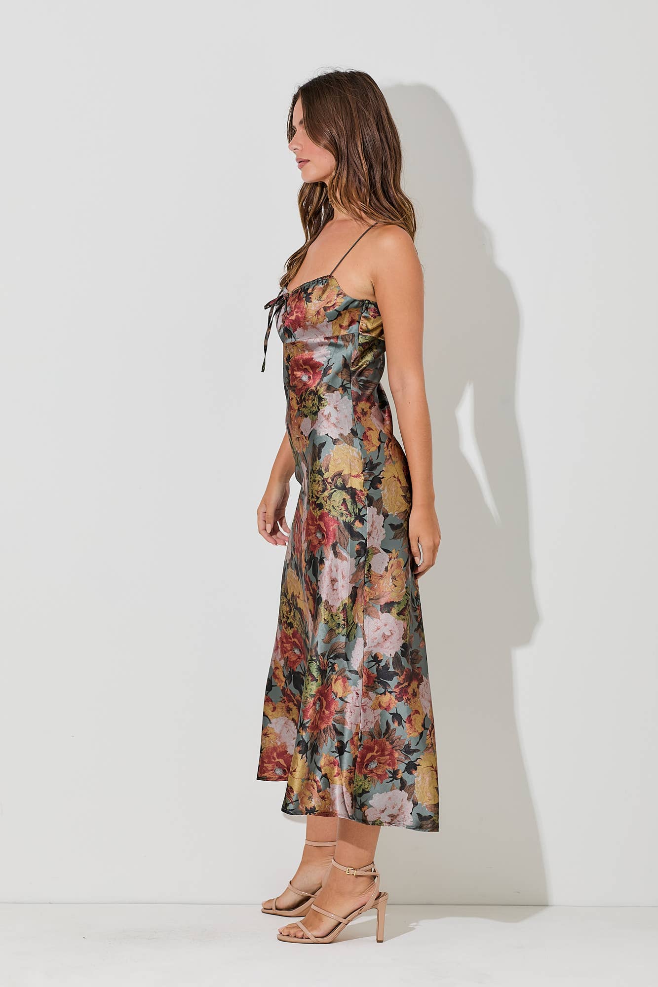 PRINTED SPAGHETTI STRAP LONG MIDI DRESS: BROWN BD5825-A