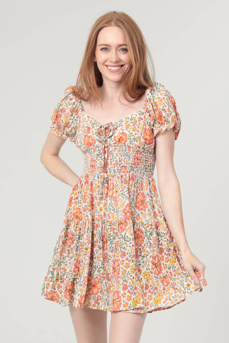 C4954-WA34 V NECK SMOCKED WAIST PUFF SLEEVE SHORT DRESS