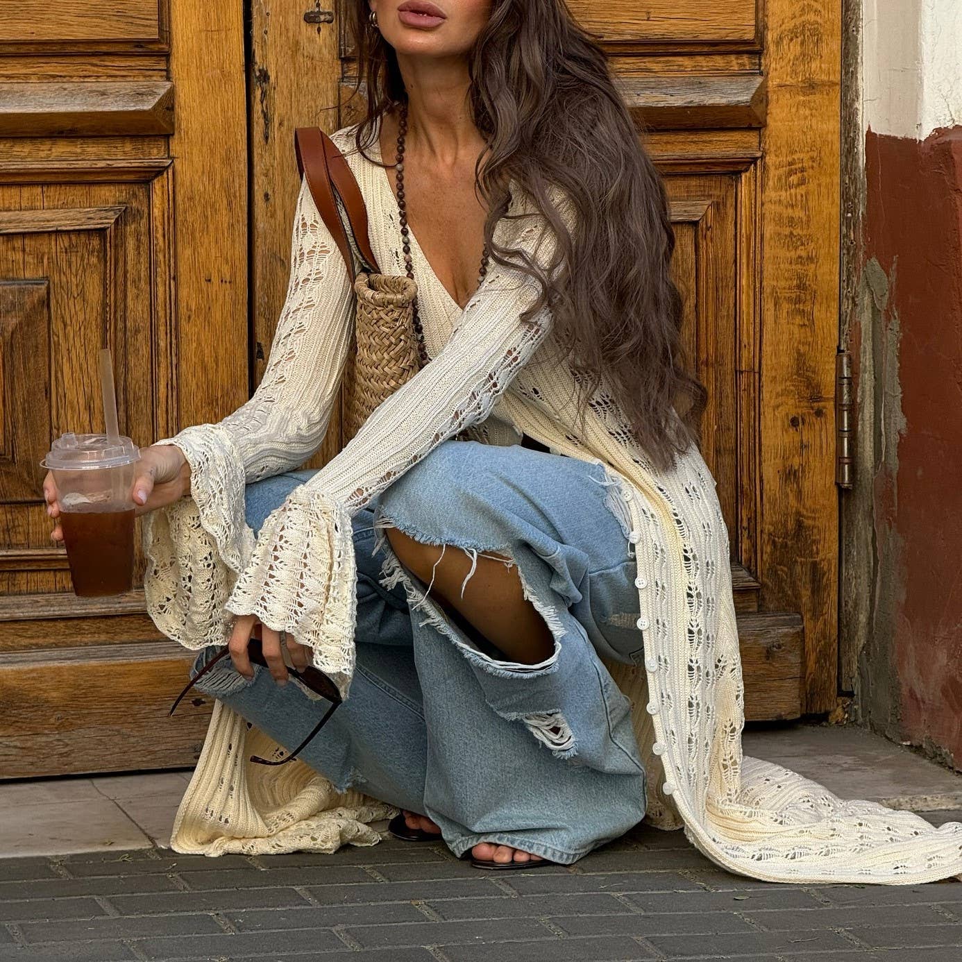 Y2K Hollow Bell Sleeves Crochet Maxi Cardigan: Coffee / RCJW03442-Coffee