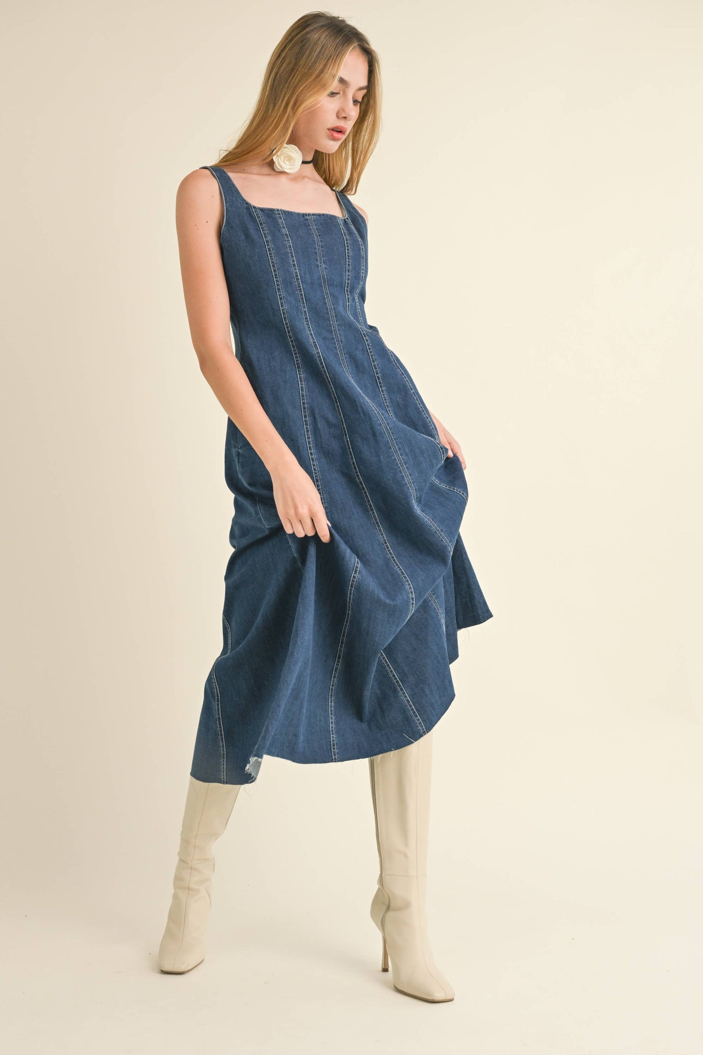 D3099 PANELED DENIM LONG DRESS: DENIM