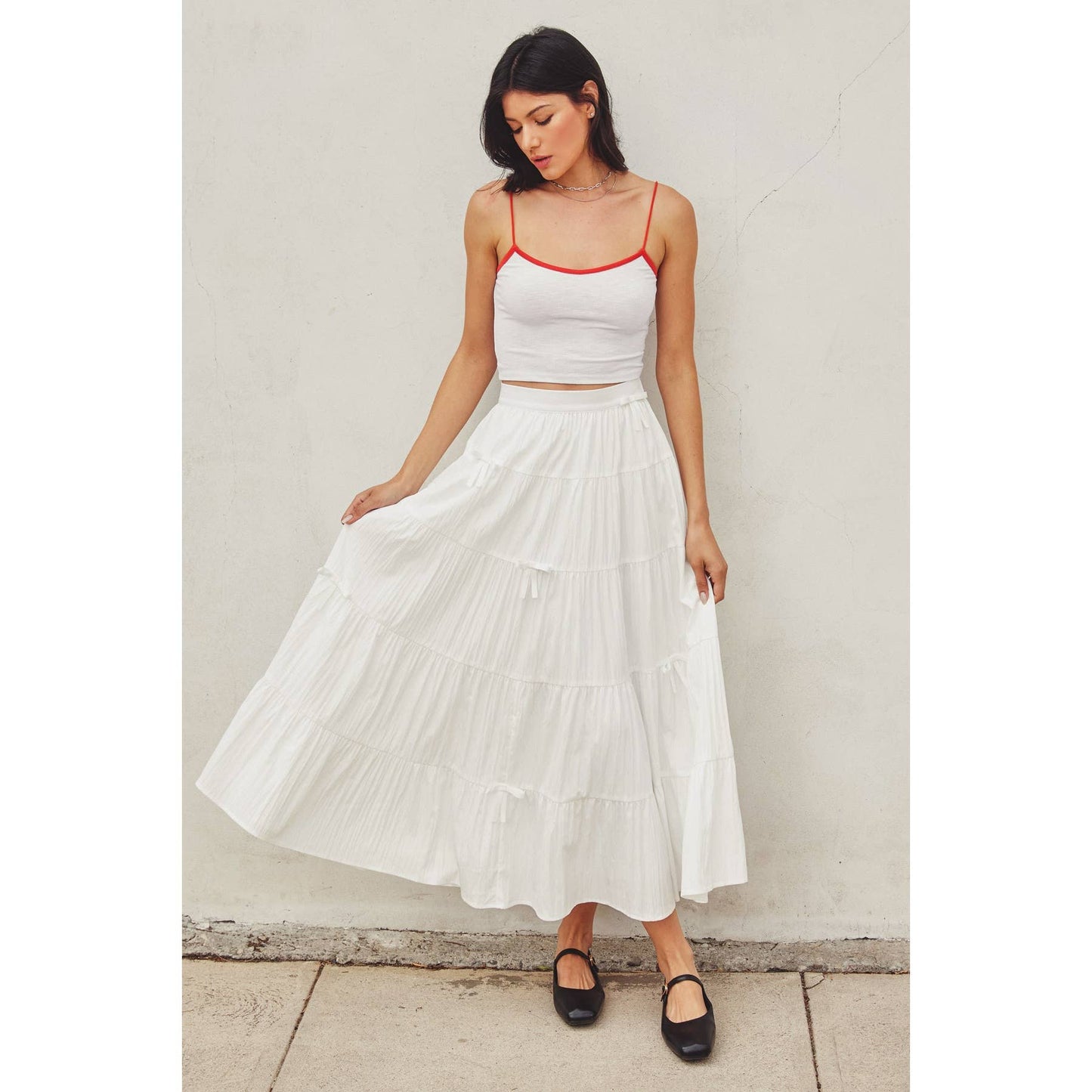 Polka Bow Tie Tiered Skirt: BLACK / FS12417-CP444