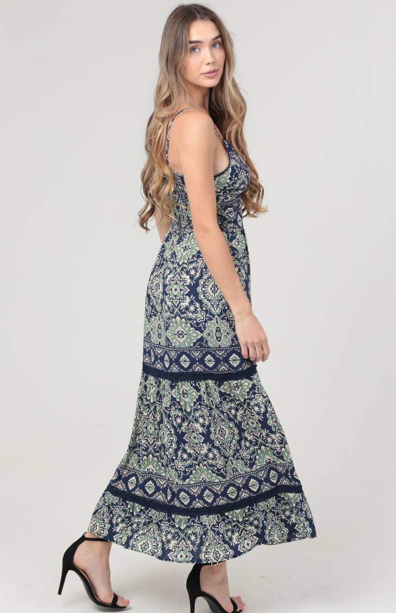 F4F48-A902 V NECK TWIST FRONT CUT OUT LACE TRIM MAXI DRESS