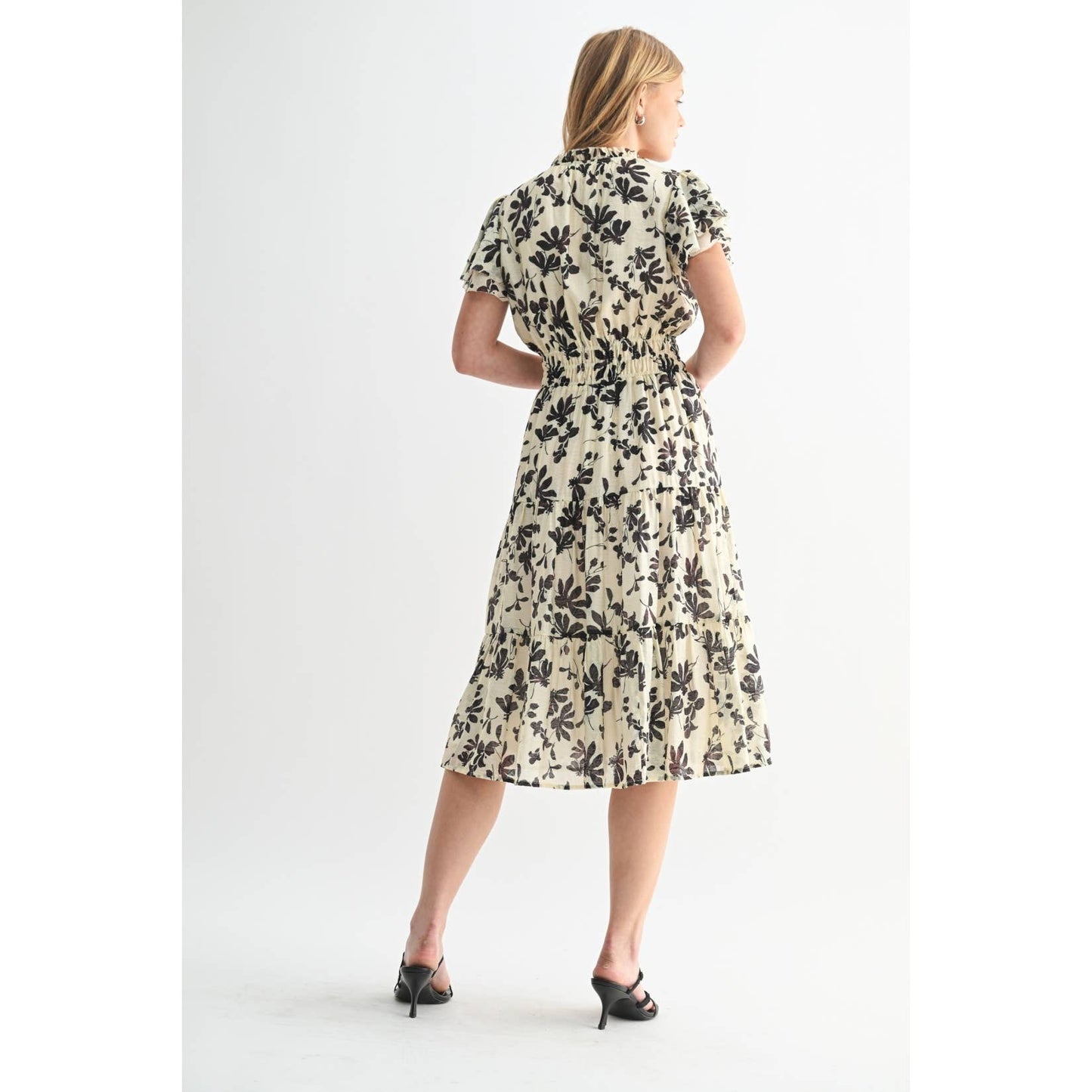 FLOWER PRINT RUFFLE SLEEVE MIDI DRESS: Ivory / FD68025