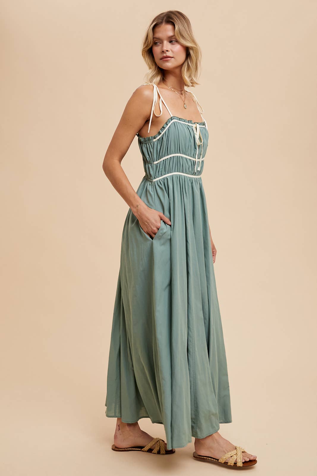 COTTON BLEND CONTRAST TRIM MAXI DRESS: BUTTERCREAM / ILD5742
