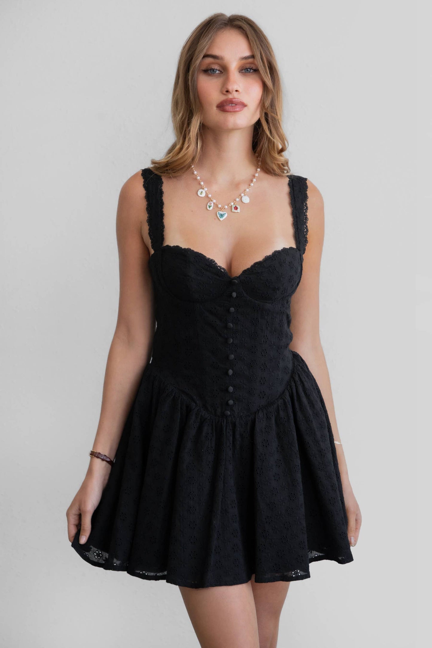 AUDREY Eyelet Embroidery Sleeveless A Line Summer Mini Dress: Linen Blue / DH30964-AUDREY-LINEN BLUE