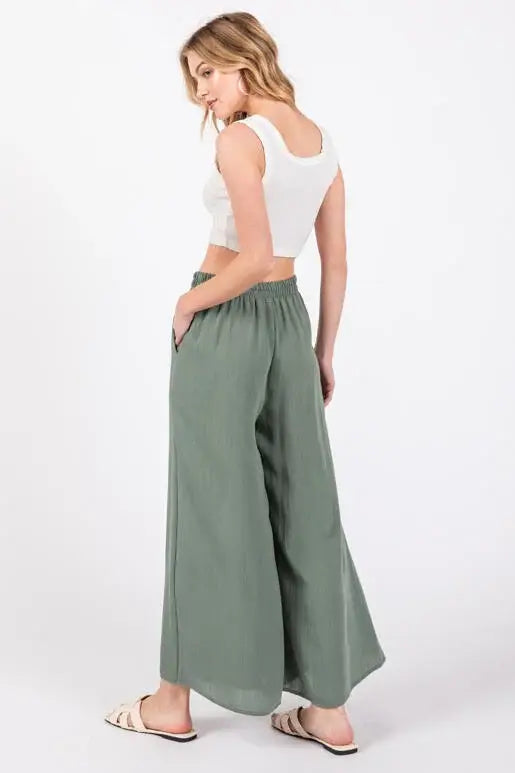 Woven Wide Leg Pull on Pants - NP16207E10: Sage Green