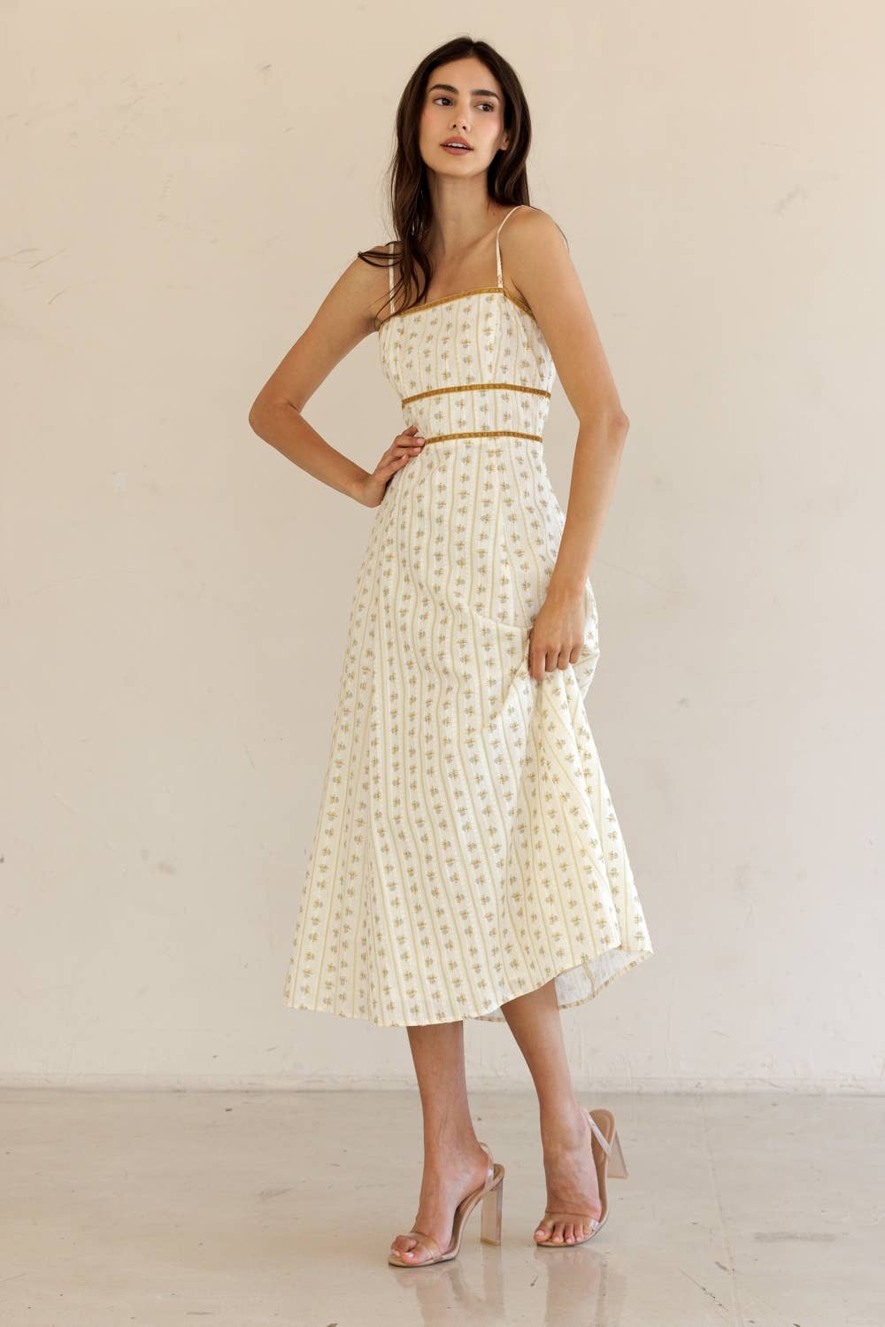 JD7723-FLORAL STRIPED MIDI DRESS: CREAM/YELLOW FLORAL