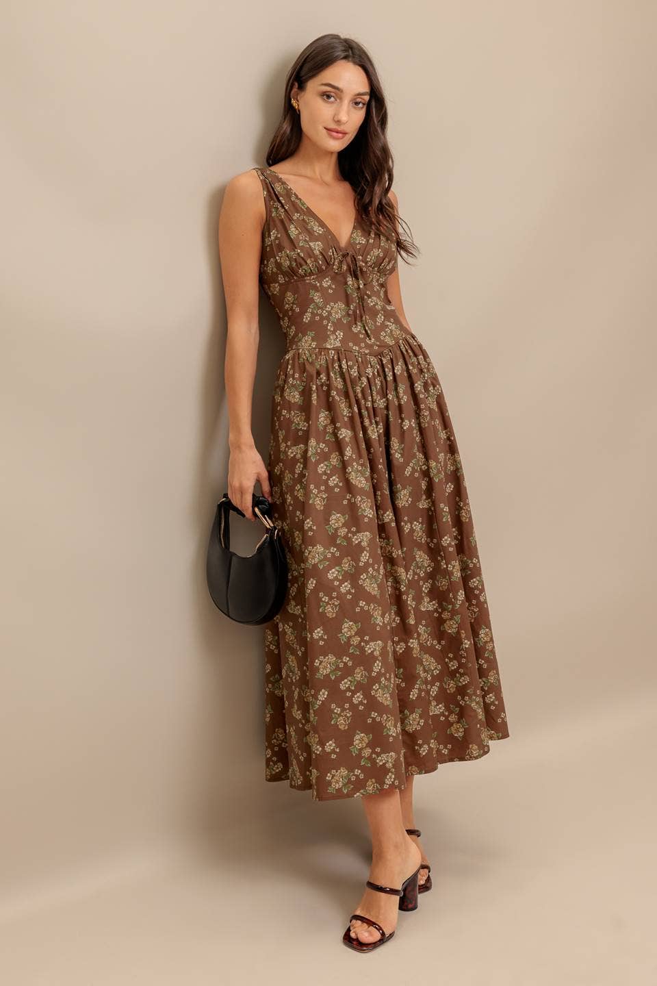 A printed woven midi dress - ID22976: Brown