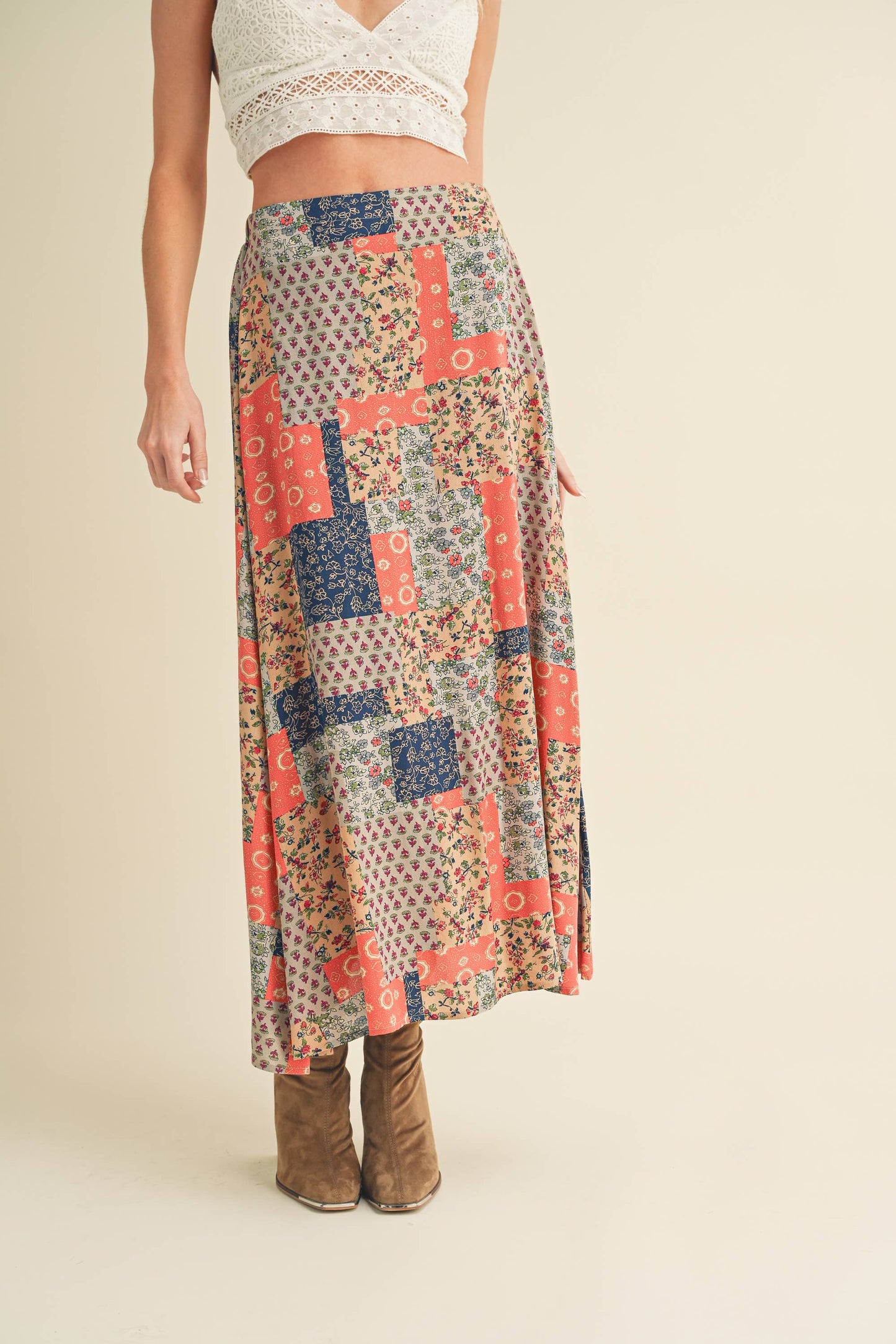 773DN-C6 Bradyn Patchwork Print Skirt / Mint/Pink