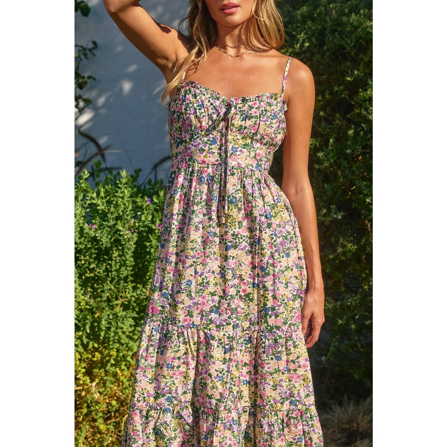 Morning Glory Corset Tie Back Dress: PINK GREEN FLORAL / FD9332-CP422