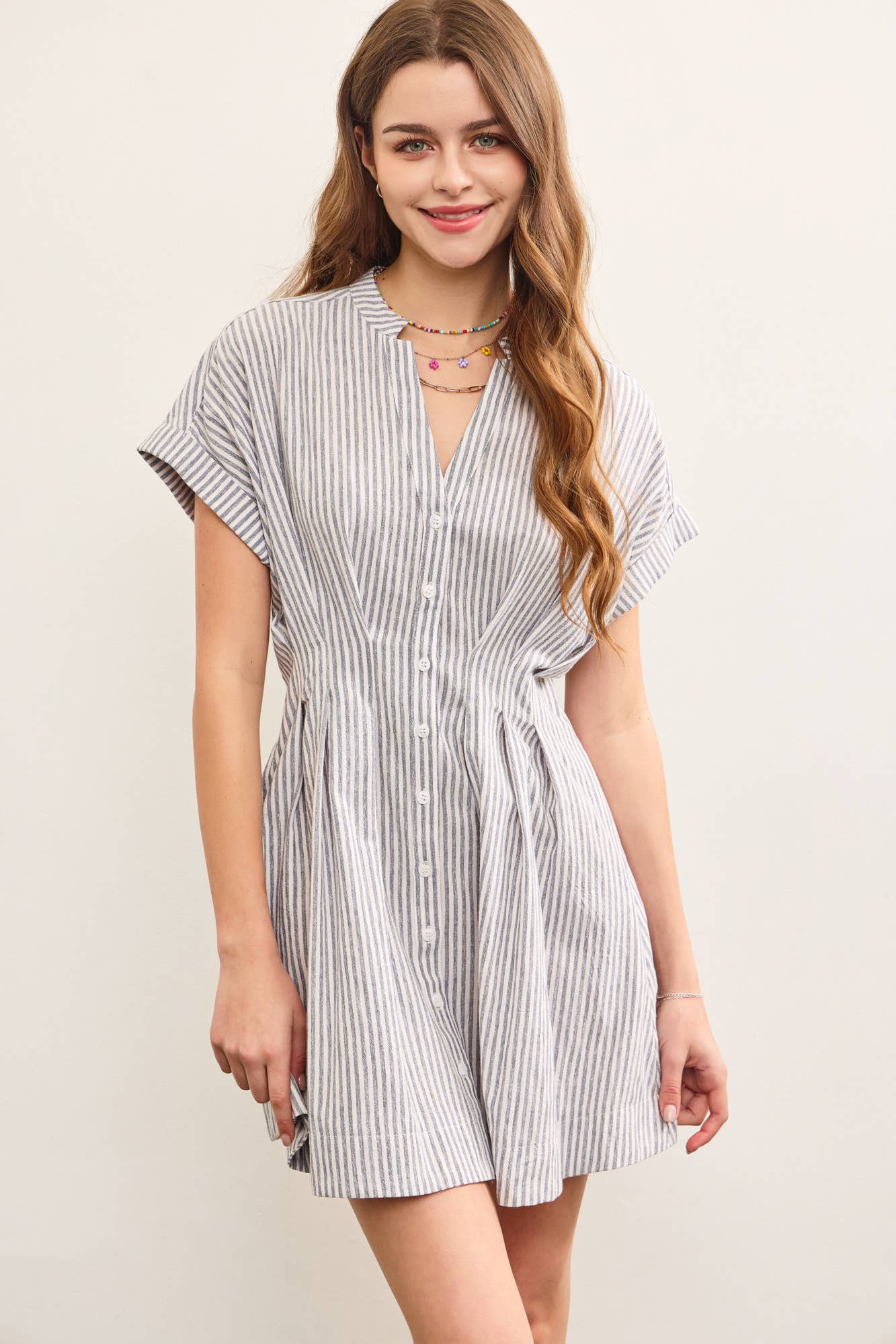 STAND UP COLLAR PLEATED WAIST FLARE DRESS: DENIM / S24577