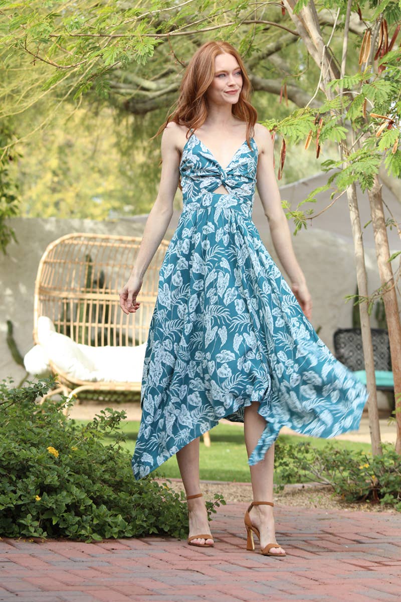 C4921-A857 V NECK TWIST FRONT CUT OUT HANKY HEM DRESS