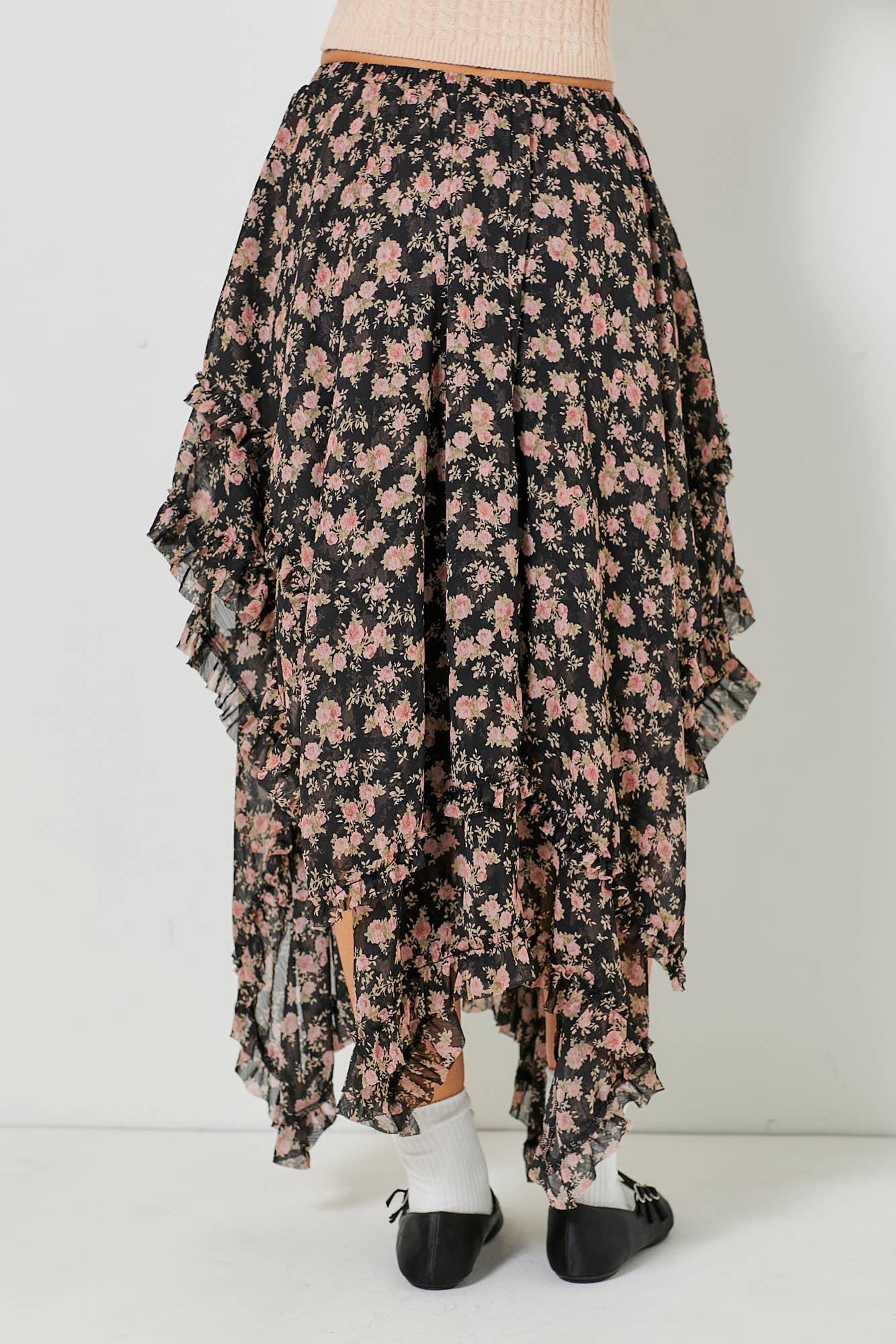 FLORAL MIDI SKIRT: BLACK BK1275-A