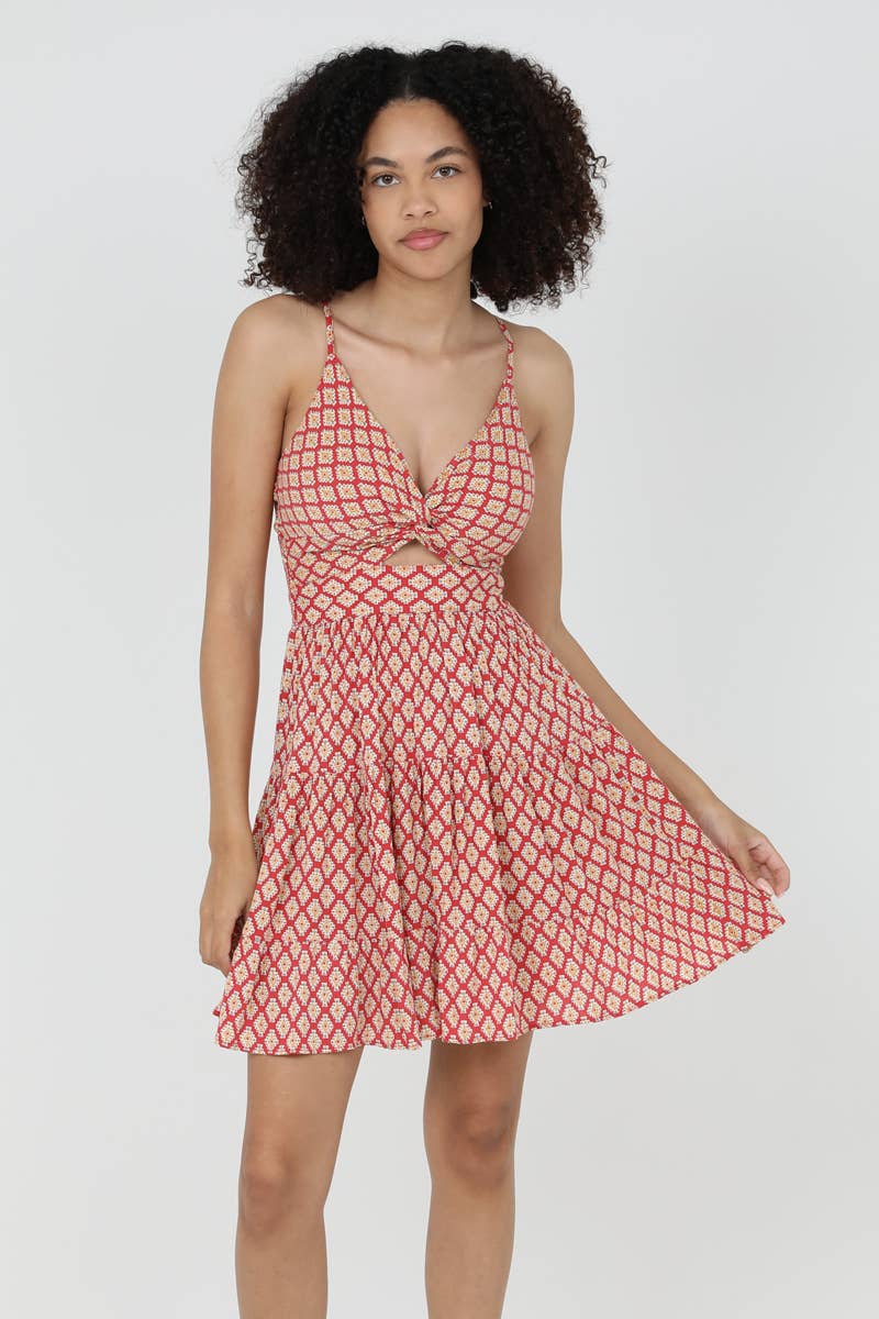 C4143-WA42 PRINTED V NECK TWIST FRONT CUT OUT SUNDRESS