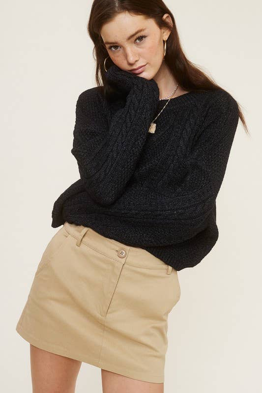 MT1506 CREWNECK CABLE-KNIT LONG SLEEVE CROPPED SWEATER: Brown