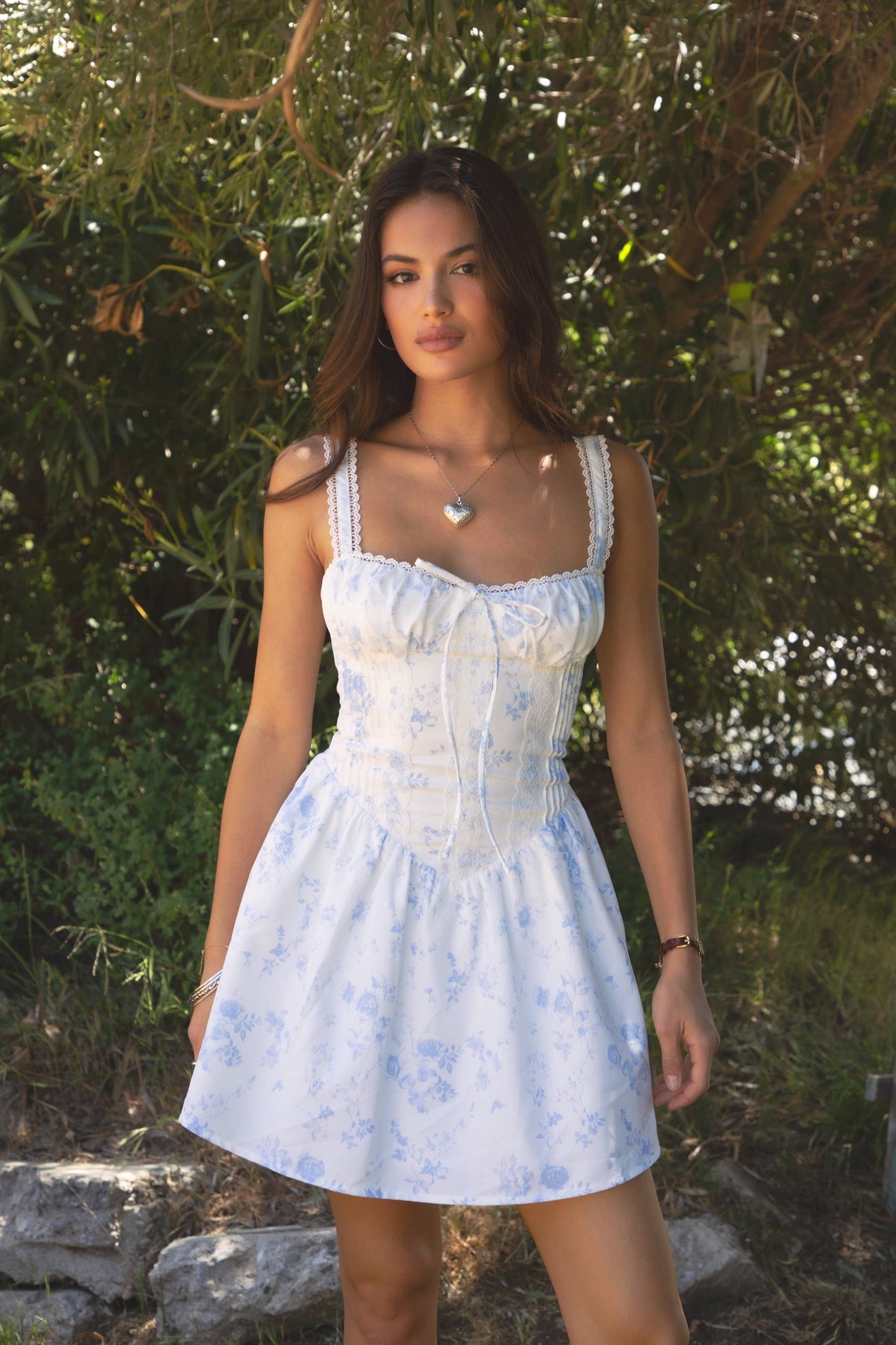 DARA Floral Print Corset Bodice A Line Mini Dress: White Blue / DA31002-DARA-WHITE BLUE