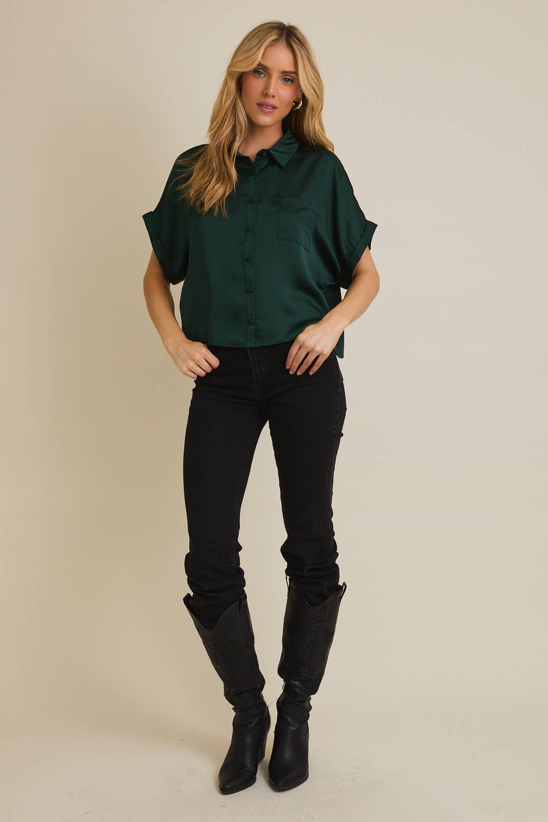 SATIN BOXY BUTTON DOWN BLOUSE: Camel / JT2060