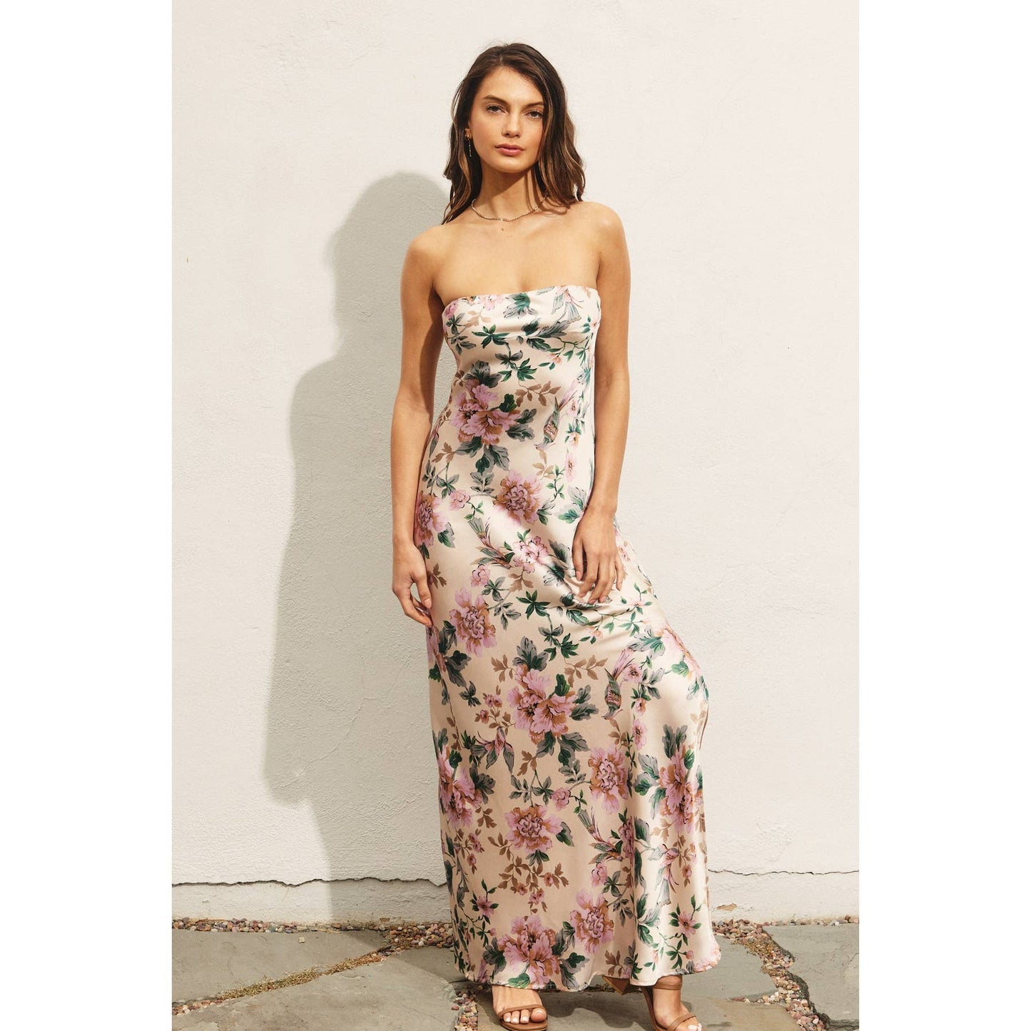 Morning Meadow Strapless Bias Cut Maxi Dress: ECRU/PINK / FD11771-P1076