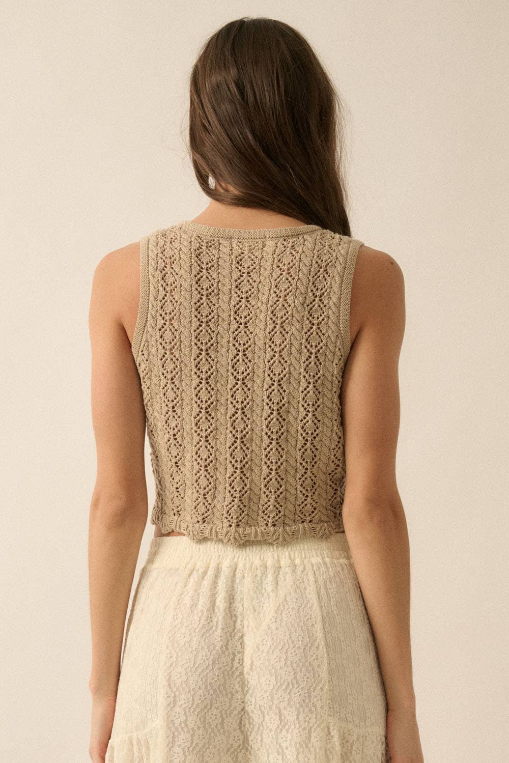 Pointelle Crochet-Knit Tie-Front Tank Top: CREAM / UTB0556
