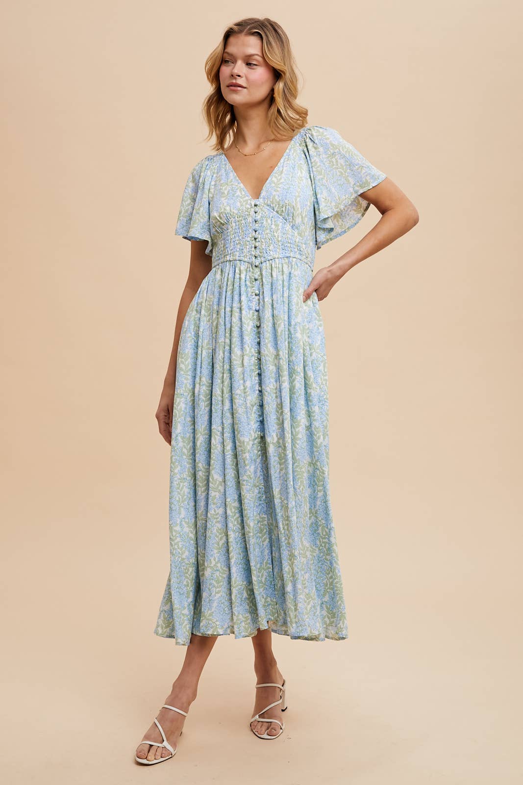 SMOCKED WAIST BUTTON DOWN MAXI: FERN / ILD5844-C